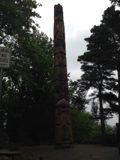 Totem pole seen by walkers on the SW Trails July 11 urban hike.  Totem pole is along Terwilliger Boulevard at  Elk Point.